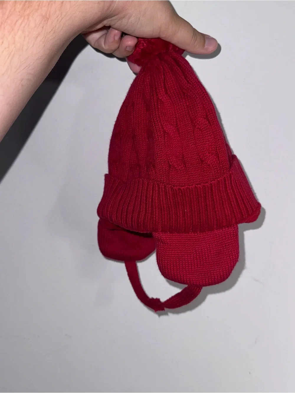 Baby Gap Red Cable Knit Pom Pom Trapper Beanie Hat 6-12 Months Fleece Lined